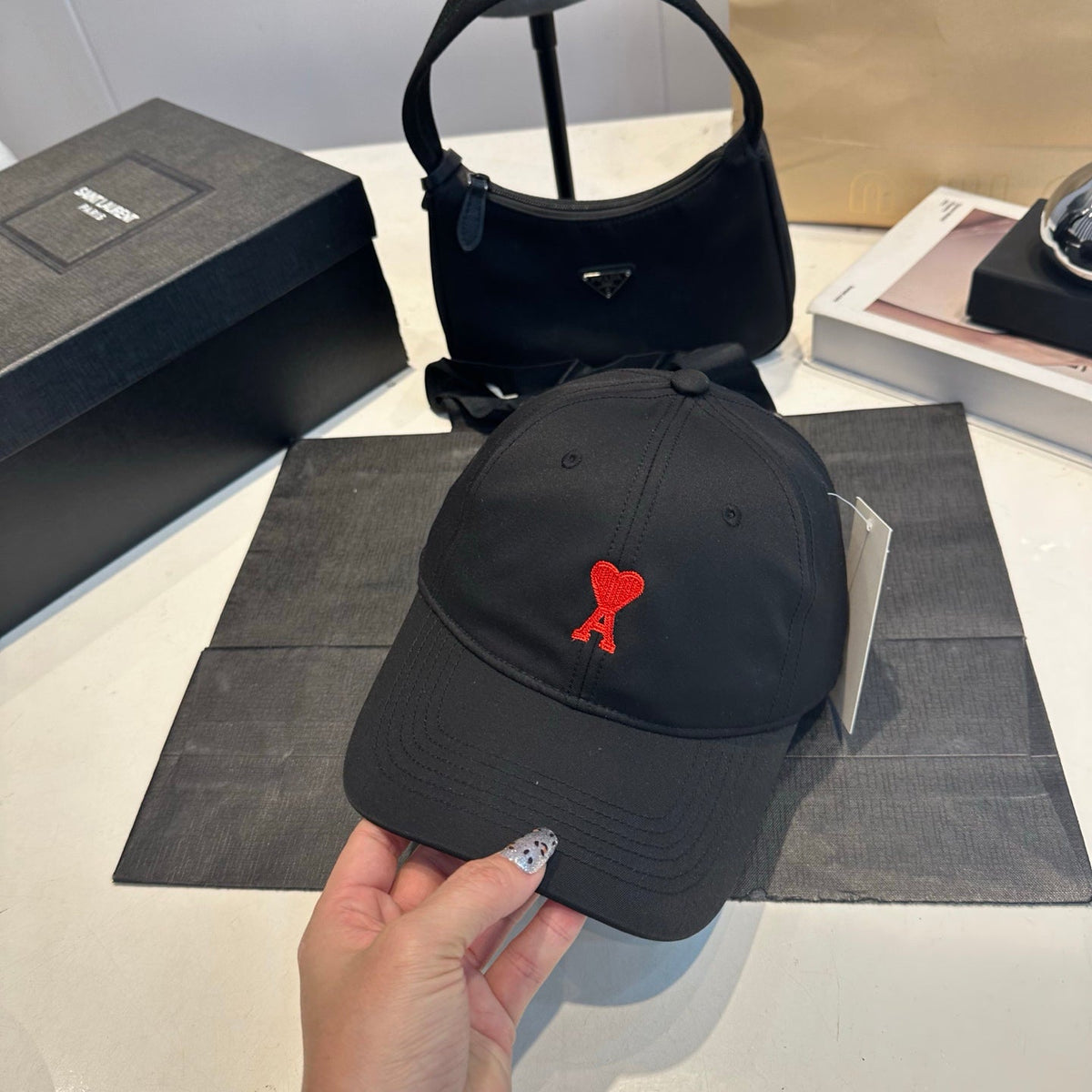 Heart Embroidered Cotton Baseball Cap — Black
