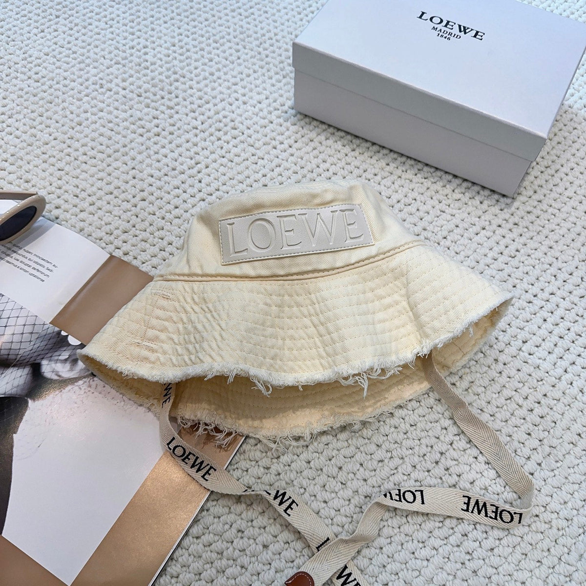 Ivory Quilted Bucket Hat with Frayed Brim and Woven Chin Strap