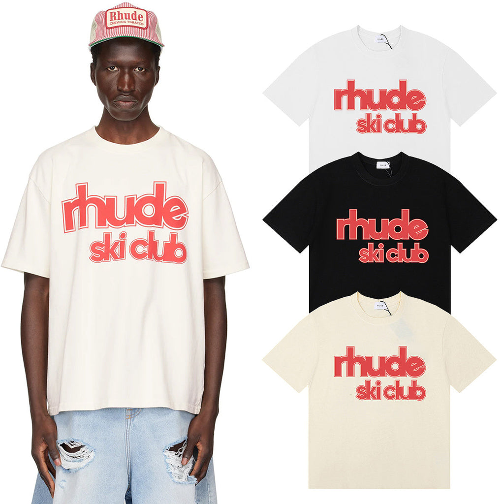 Rhude T-shirts Ski Club Letter Print Versatile Casual Short Sleeve Men and Women