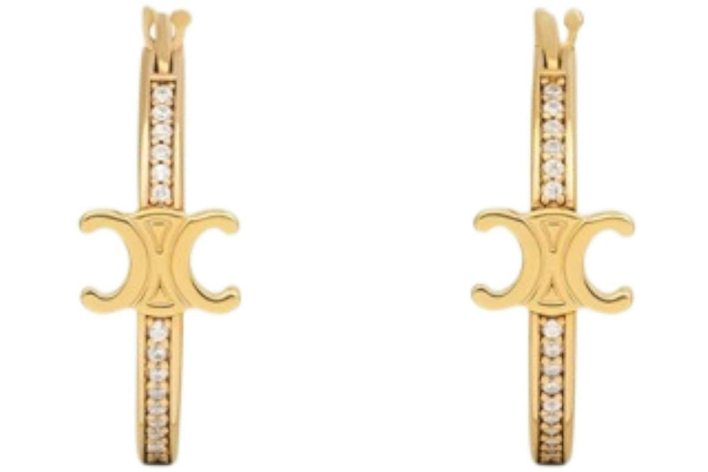 Celine Strass and Brass with Gold Finish Triomphe Sparkle Hoops Gold