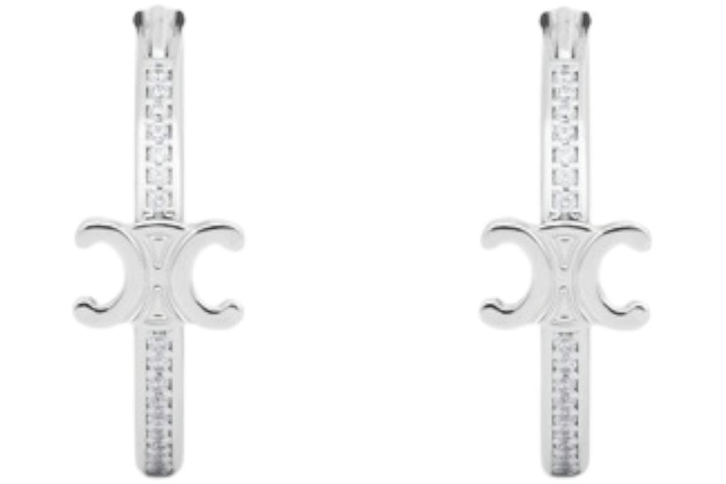 Celine Strass and Brass with Rhodium Finish Triomphe Sparkle Hoops Silver