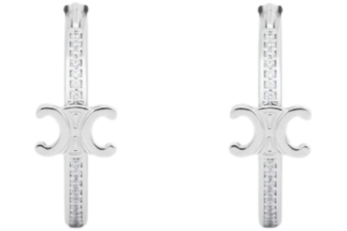 Celine Strass and Brass with Rhodium Finish Triomphe Sparkle Hoops Silver