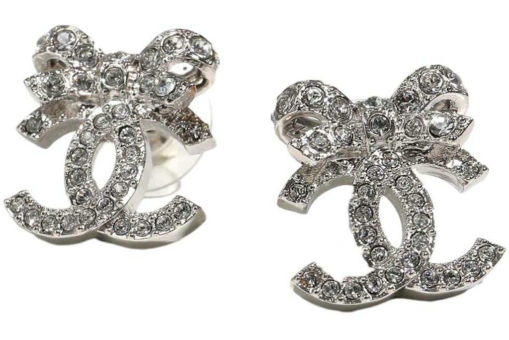 Chanel Bow Tie CC Logo Earrings Silver (ABA922)
