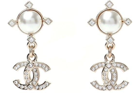 Chanel Crystal Pearl CC Drop Earrings Gold