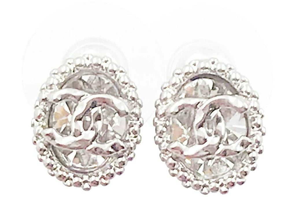 Chanel Oval CC Crystal Earrings Silver