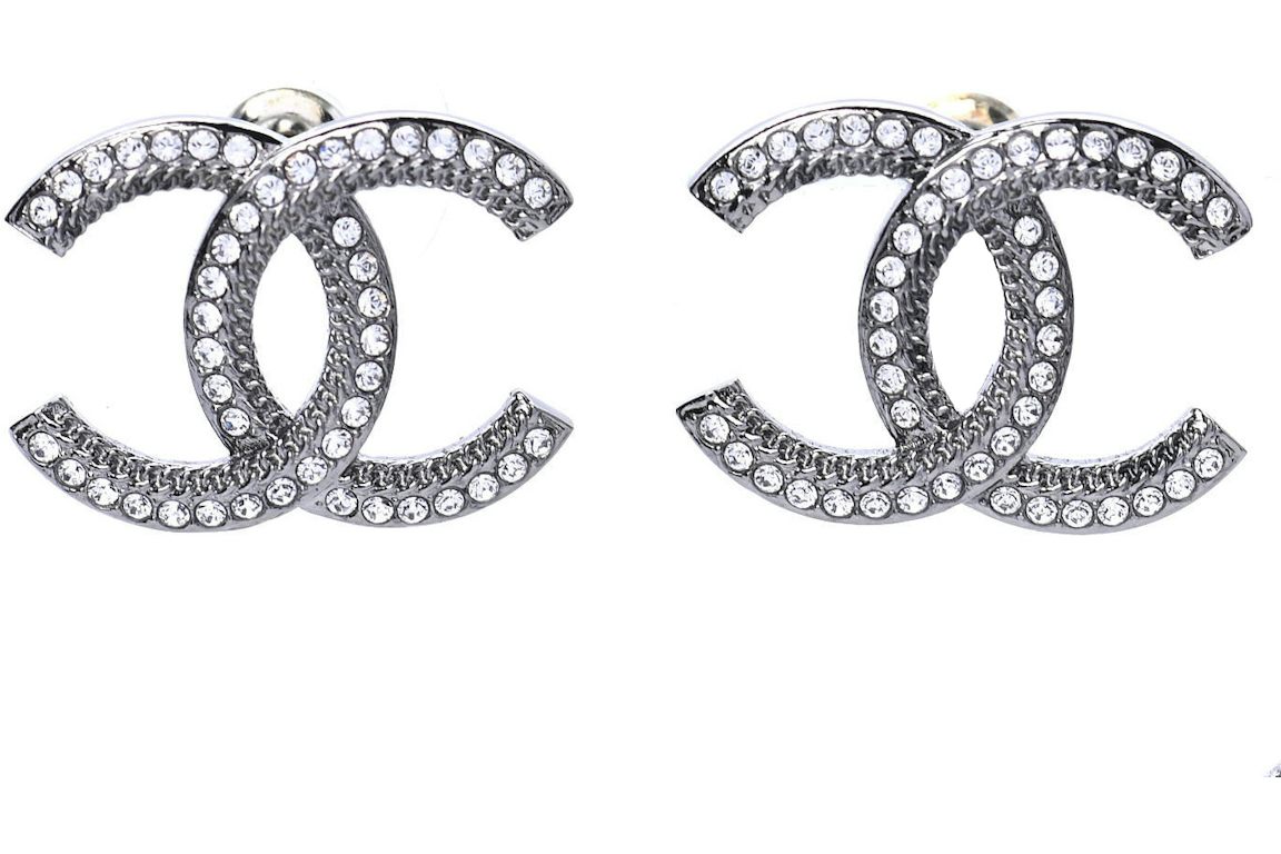 Chanel Ruthenium Crystal CC Earrings Silver