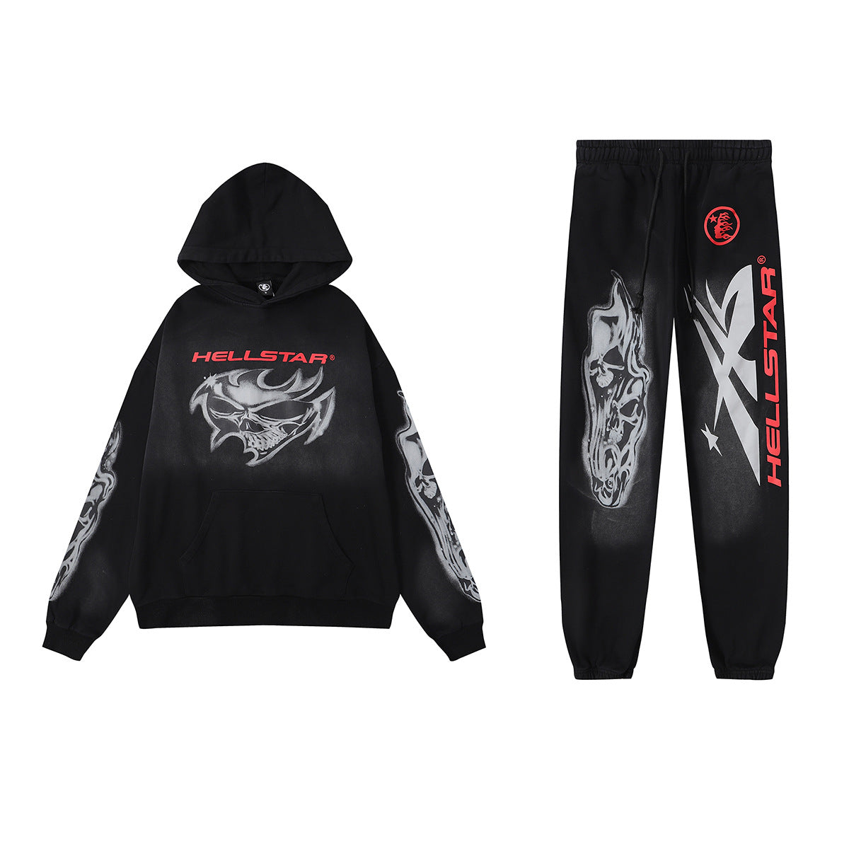 Hellstar Hoodie & Pants autumn and winter flare black flame pants hoodie