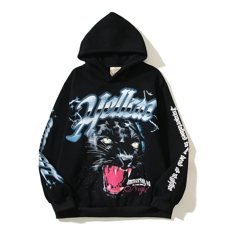 Hellstar Hoodie Black Panther Print Loose Casual