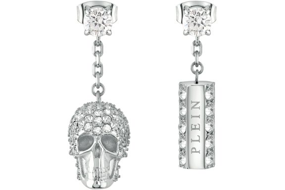 Philipp Plein Sliding $kull Crystal Dangle Earrings Stainless Steel
