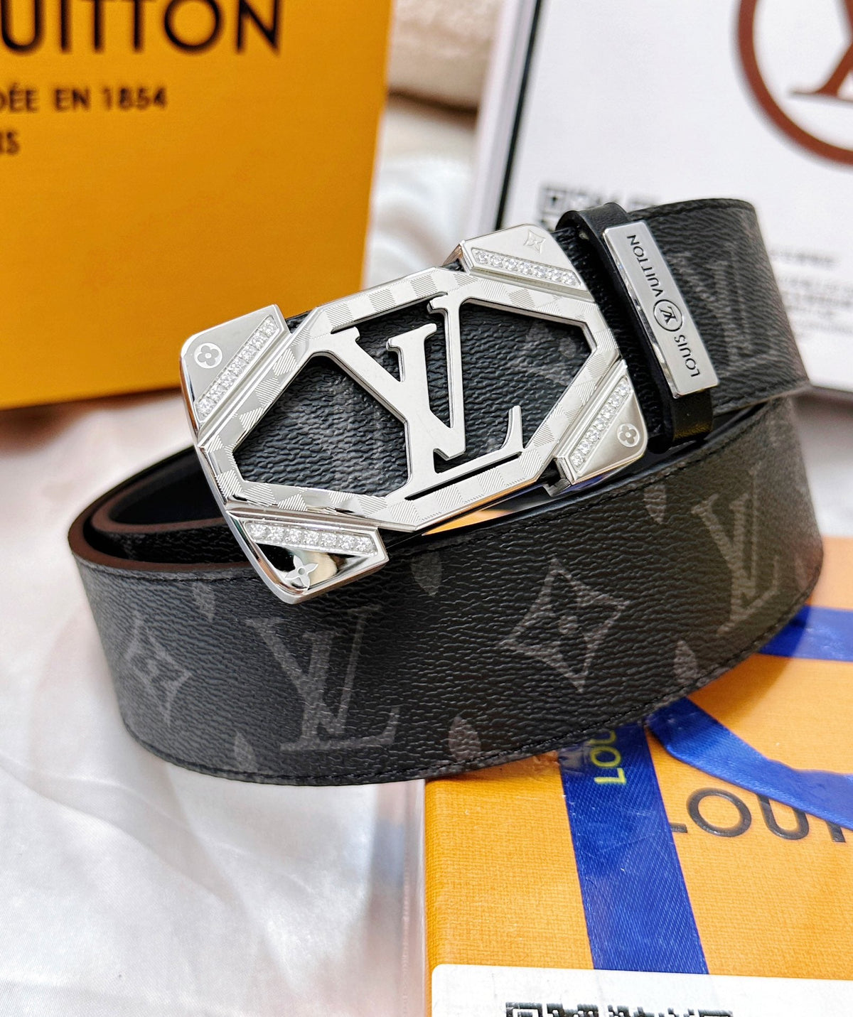 Luxury Monogram Leather Belt with Silver Geometric Buckle