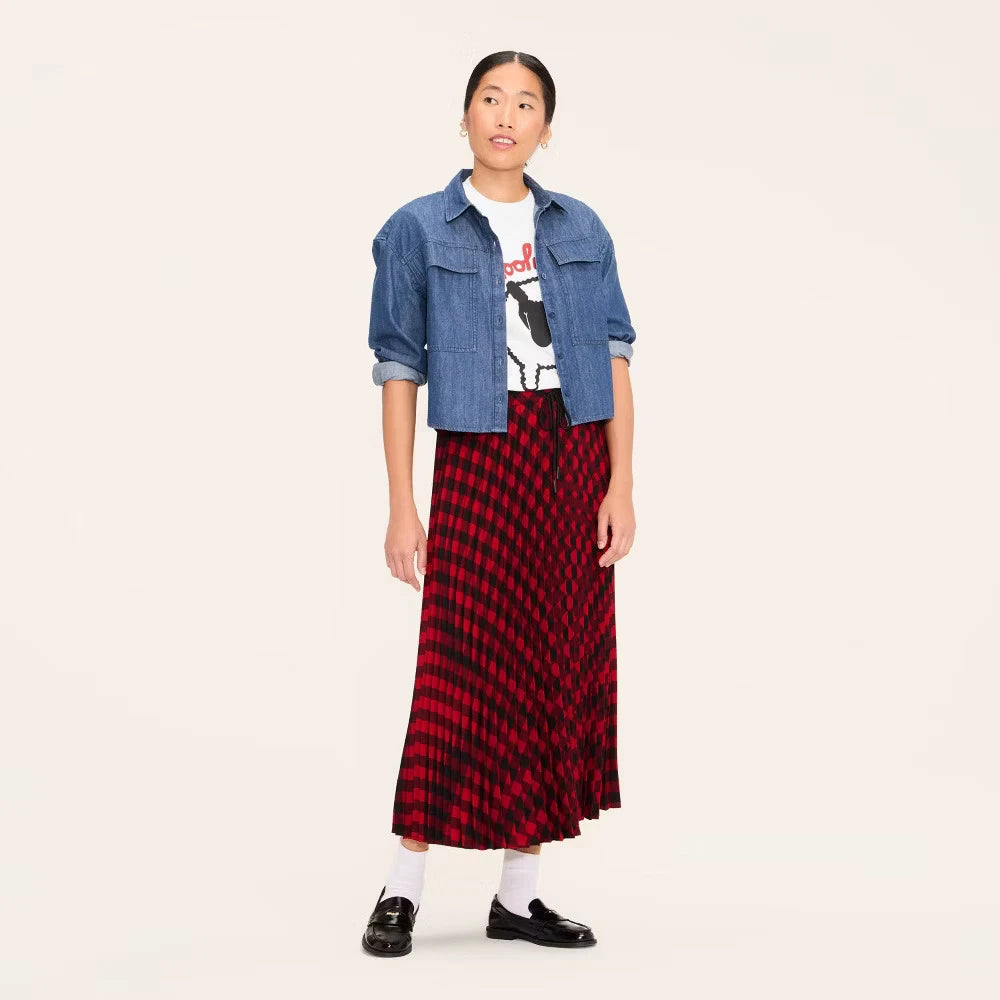 Women's Buffalo Check Midi A-Line Pleated Skirt
